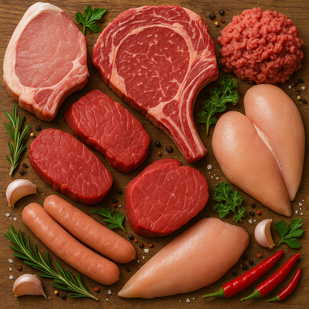Meat and poultry — beef steak, chicken cuts, herbs
